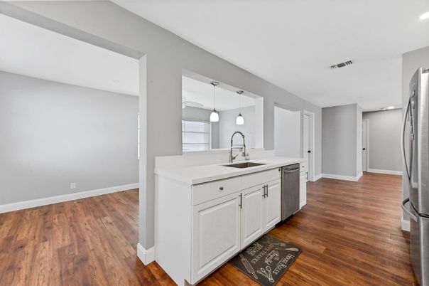 Interior, Kitchen, Pendant Lights, Recessed Lighting, Wood Texture Flooring