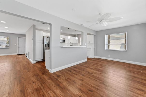 Empty room, Interior, Kitchen, Recessed Lighting, Wood Texture Flooring
