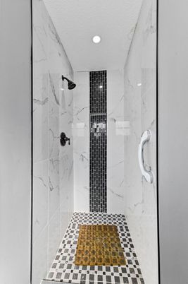 Bathroom, Glass Shower, Interior, Marble Walls, Recessed Lighting