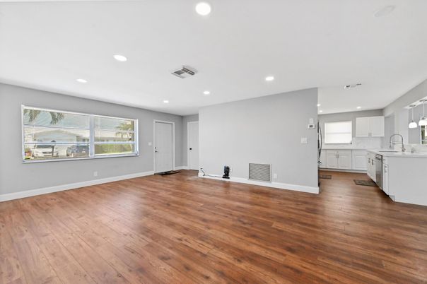 Empty room, Interior, Kitchen, Recessed Lighting, Wood Texture Flooring