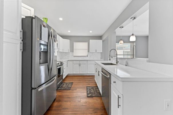 Interior, Kitchen, Pendant Lights, Recessed Lighting, Stainless Steel Appliances, Wood Texture Flooring
