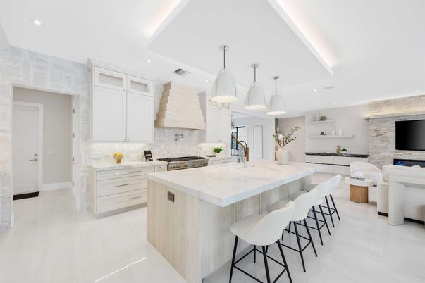 Interior, Kitchen, Pendant Lights, Recessed Lighting, Stone Walls