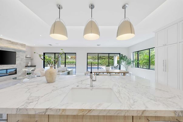 Fireplace, Game Room, Interior, Pendant Lights, Recessed Lighting, Stone Walls