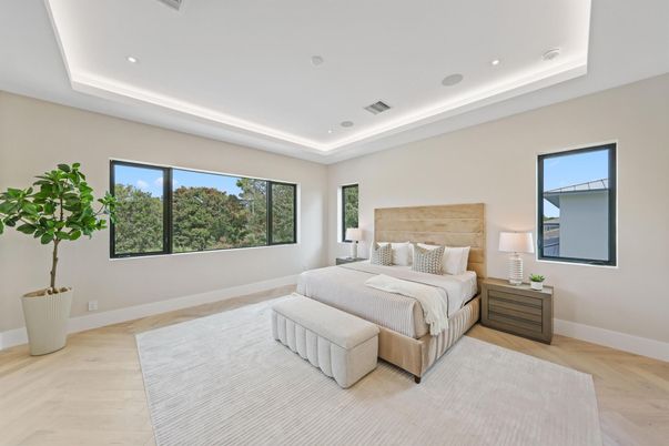 Bedroom, Interior, Recessed Lighting, Wood Texture Flooring