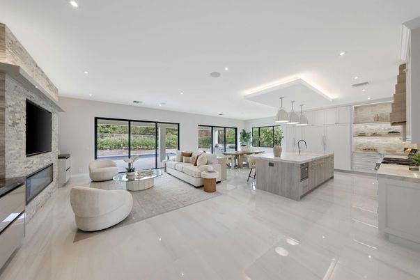 Dining room, Fireplace, Interior, Kitchen, Living room, Pendant Lights, Recessed Lighting, Stone Walls