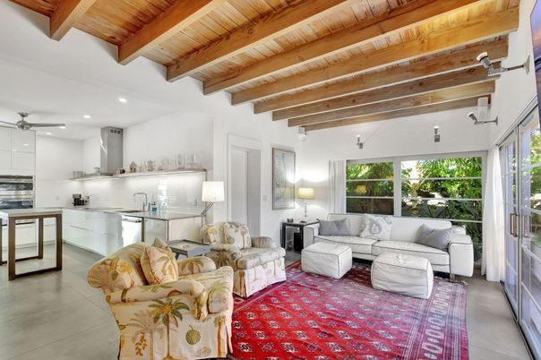 Interior, Kitchen, Living room, Recessed Lighting, Stainless Steel Appliances, Wooden Beams, Wooden Ceilings
