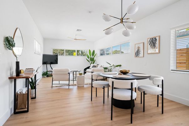 Dining room, Interior, Living room, Pendant Lights, Wood Texture Flooring