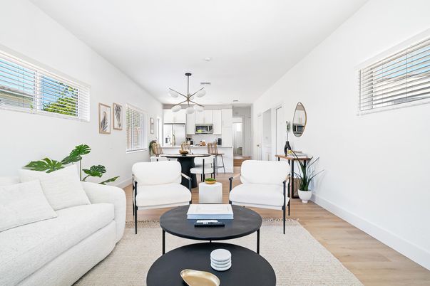 Dining room, Interior, Kitchen, Living room, Pendant Lights, Wood Texture Flooring