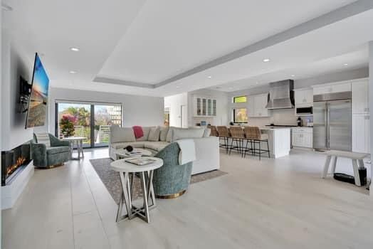 Dining room, Fireplace, Interior, Kitchen, Living room, Recessed Lighting, Stainless Steel Appliances
