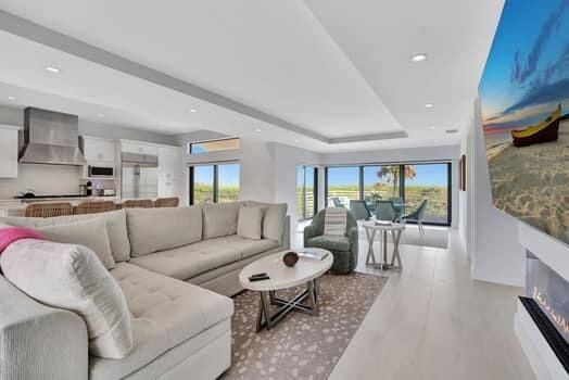 Dining room, Fireplace, Interior, Kitchen, Living room, Recessed Lighting, Stainless Steel Appliances