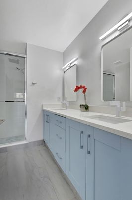 Bathroom, Dual Sink Vanities, Glass Shower, Interior, Marble
