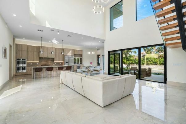 Interior, Kitchen, Living room, Marble, Pendant Lights, Recessed Lighting, Stainless Steel Appliances