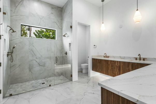 Bathroom, Glass Shower, Interior, Marble, Marble Walls, Pendant Lights