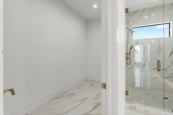 Bathroom, Glass Shower, Interior, Marble, Marble Walls, Recessed Lighting