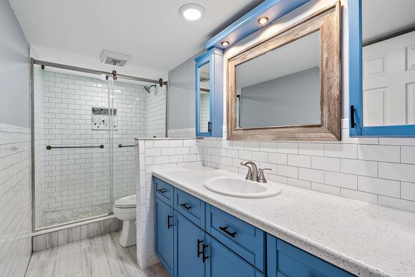 Bathroom, Glass Shower, Interior, Recessed Lighting, Wood Texture Flooring