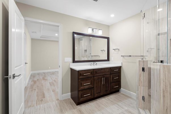 Bathroom, Glass Shower, Interior, Recessed Lighting, Wood Texture Flooring