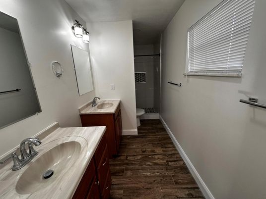Bathroom, Dual Sink Vanities, Interior, Wood Texture Flooring