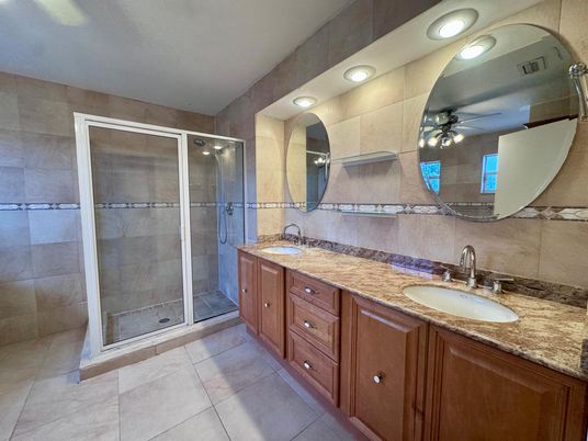 Bathroom, Dual Sink Vanities, Glass Shower, Interior, Recessed Lighting