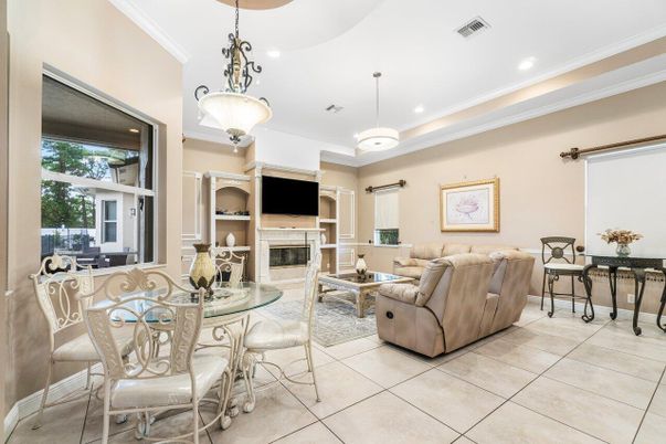 Dining room, Fireplace, Interior, Living room, Pendant Lights, Recessed Lighting