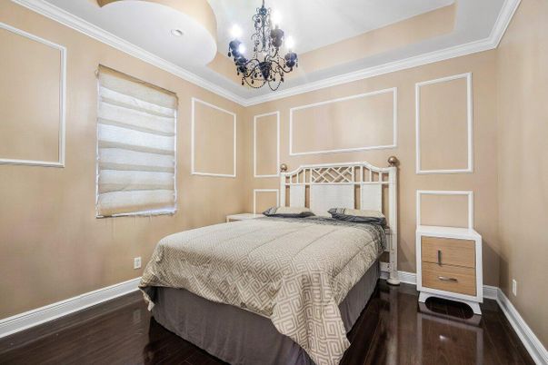 Bedroom, Chandelier, Interior, Recessed Lighting, Wood Texture Flooring