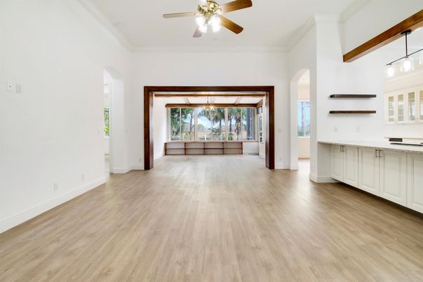 Empty room, Interior, Pendant Lights, Wooden Beams, Wood Texture Flooring