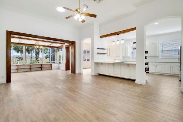 Empty room, Interior, Kitchen, Pendant Lights, Recessed Lighting, Wood Texture Flooring