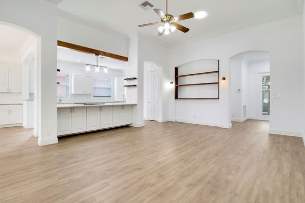 Empty room, Interior, Kitchen, Pendant Lights, Recessed Lighting, Wood Texture Flooring