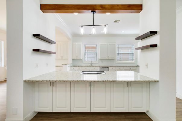 Interior, Kitchen, Recessed Lighting, Wooden Beams, Wood Texture Flooring