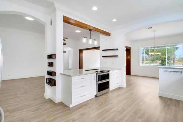 Interior, Kitchen, Pendant Lights, Recessed Lighting, Wooden Beams, Wood Texture Flooring