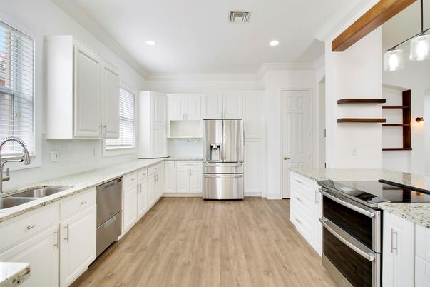 Interior, Kitchen, Recessed Lighting, Stainless Steel Appliances, Wood Texture Flooring