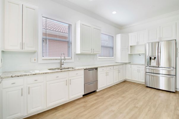 Interior, Kitchen, Recessed Lighting, Stainless Steel Appliances, Wood Texture Flooring
