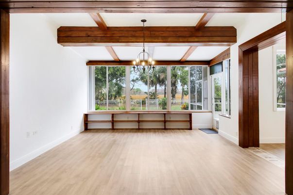 Chandelier, Empty room, Interior, Wooden Beams, Wood Texture Flooring