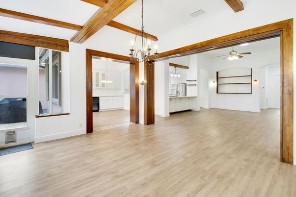 Empty room, Interior, Pendant Lights, Wooden Beams, Wood Texture Flooring