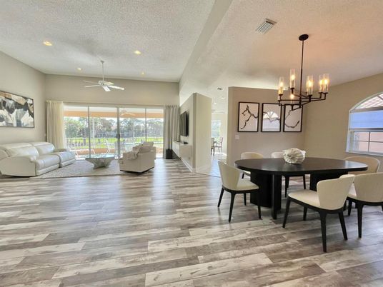 Dining room, Interior, Living room, Pendant Lights, Recessed Lighting, Wood Texture Flooring