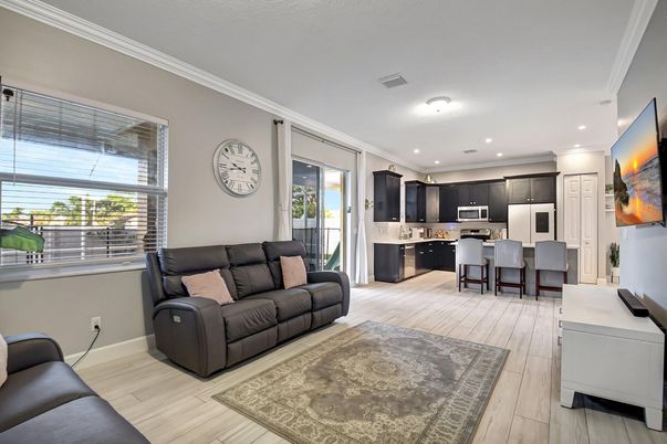 Interior, Kitchen, Living room, Recessed Lighting, Stainless Steel Appliances, Wood Texture Flooring