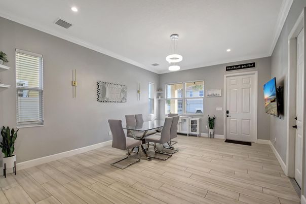 Dining room, Interior, Pendant Lights, Recessed Lighting, Wood Texture Flooring