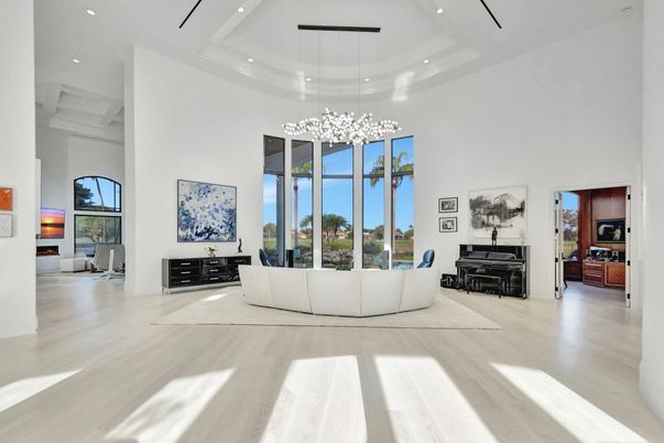 Fireplace, Interior, Living room, Pendant Lights, Piano, Recessed Lighting, Wood Texture Flooring