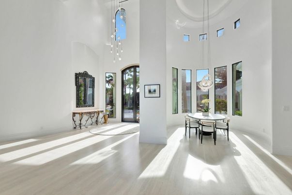 Dining room, Interior, Pendant Lights, Wood Texture Flooring