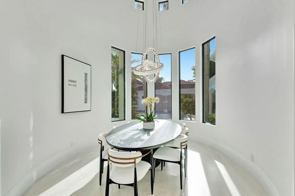 Dining room, Interior, Pendant Lights, Wood Texture Flooring
