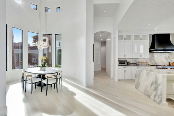 Dining room, Interior, Kitchen, Pendant Lights, Recessed Lighting, Wood Texture Flooring