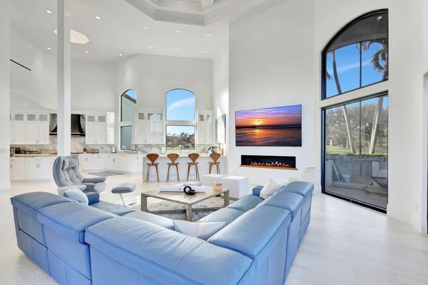 Fireplace, Interior, Kitchen, Living room, Recessed Lighting, Wood Texture Flooring