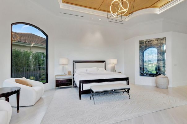 Bedroom, Interior, Pendant Lights, Recessed Lighting, Wooden Ceilings, Wood Texture Flooring