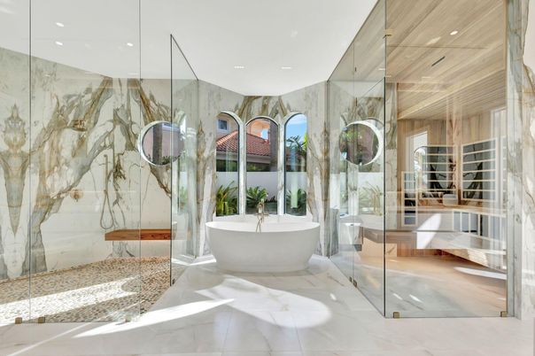 Bathroom, Free Standing Baths, Glass Shower, Interior, Marble, Marble Walls, Recessed Lighting