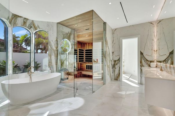 Bathroom, Free Standing Baths, Interior, Marble, Marble Walls, Recessed Lighting