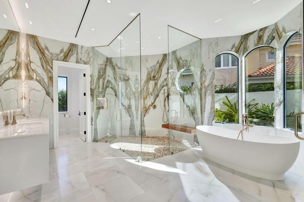 Bathroom, Free Standing Baths, Glass Shower, Interior, Marble, Marble Walls, Recessed Lighting