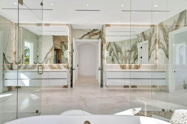 Bathroom, Glass Shower, Interior, Marble, Marble Walls, Recessed Lighting