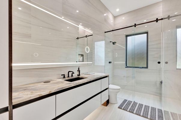 Bathroom, Glass Shower, Interior, Marble Walls, Recessed Lighting