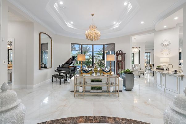 Chandelier, Interior, Living room, Marble, Piano, Recessed Lighting