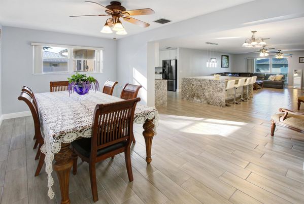Dining room, Interior, Pendant Lights, Wood Texture Flooring