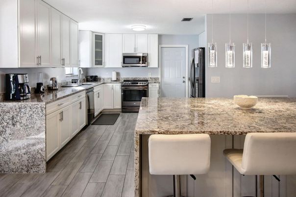 Interior, Kitchen, Pendant Lights, Stainless Steel Appliances, Wood Texture Flooring